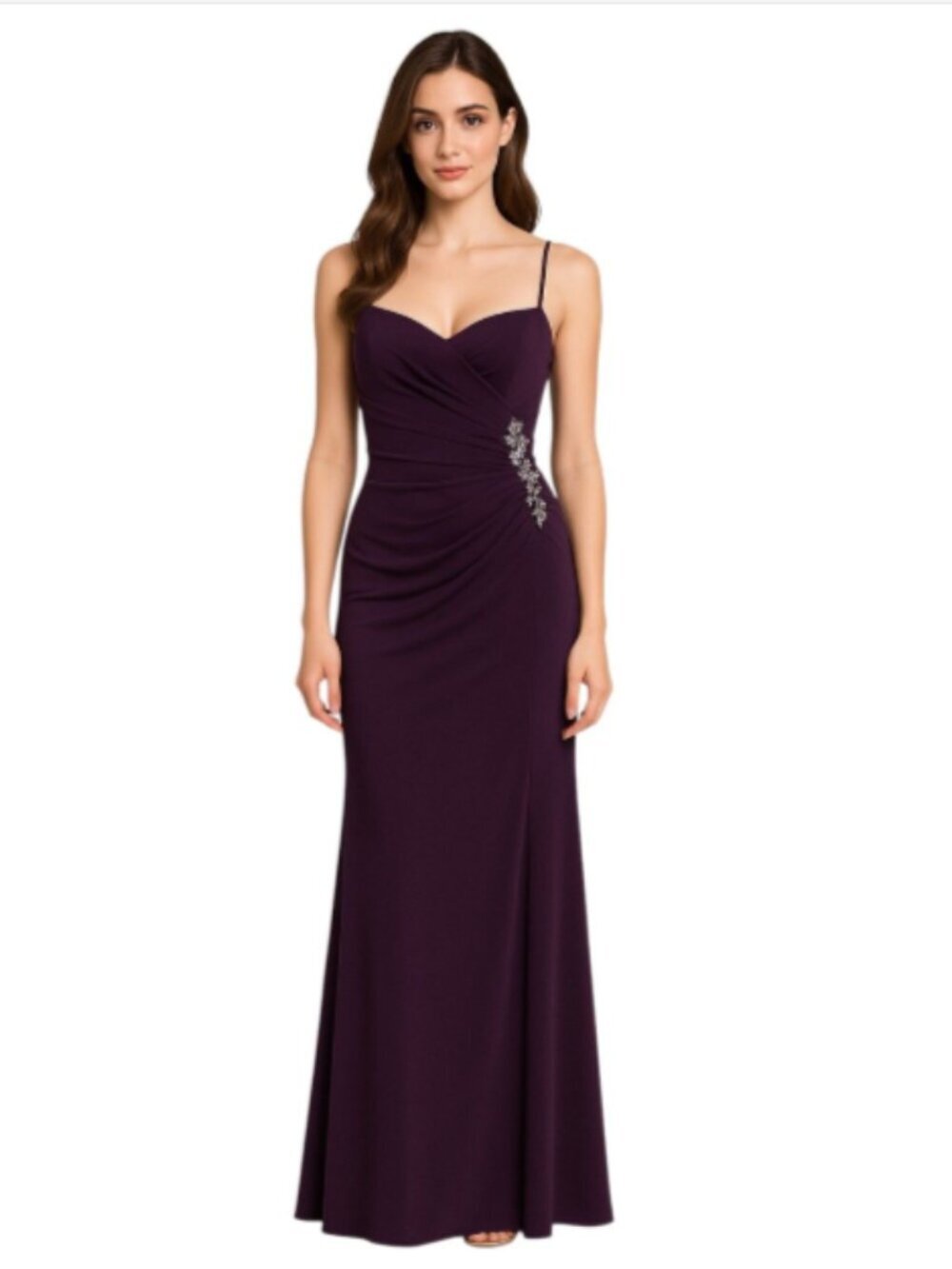 Joanna Chen Holiday Party Maxi Dress Size 4 Dark Purple Beaded Accent Ruched
